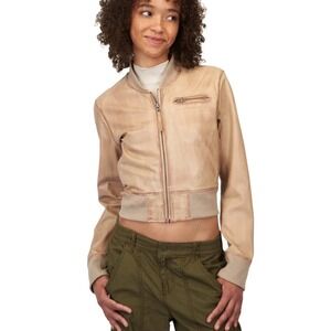 JKT NYC jaket NY Collins Taupe Stonewash Leather Jacket Size Xs Copped Long